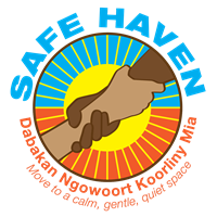 Safe Haven Logo - image of two hands clasping each other at wrists, in front of a sun with the the phrase Move to a calm, gentle, quiet space in Whadjuk Noongar language Dabakan Ngowoort Koorliny Mia.